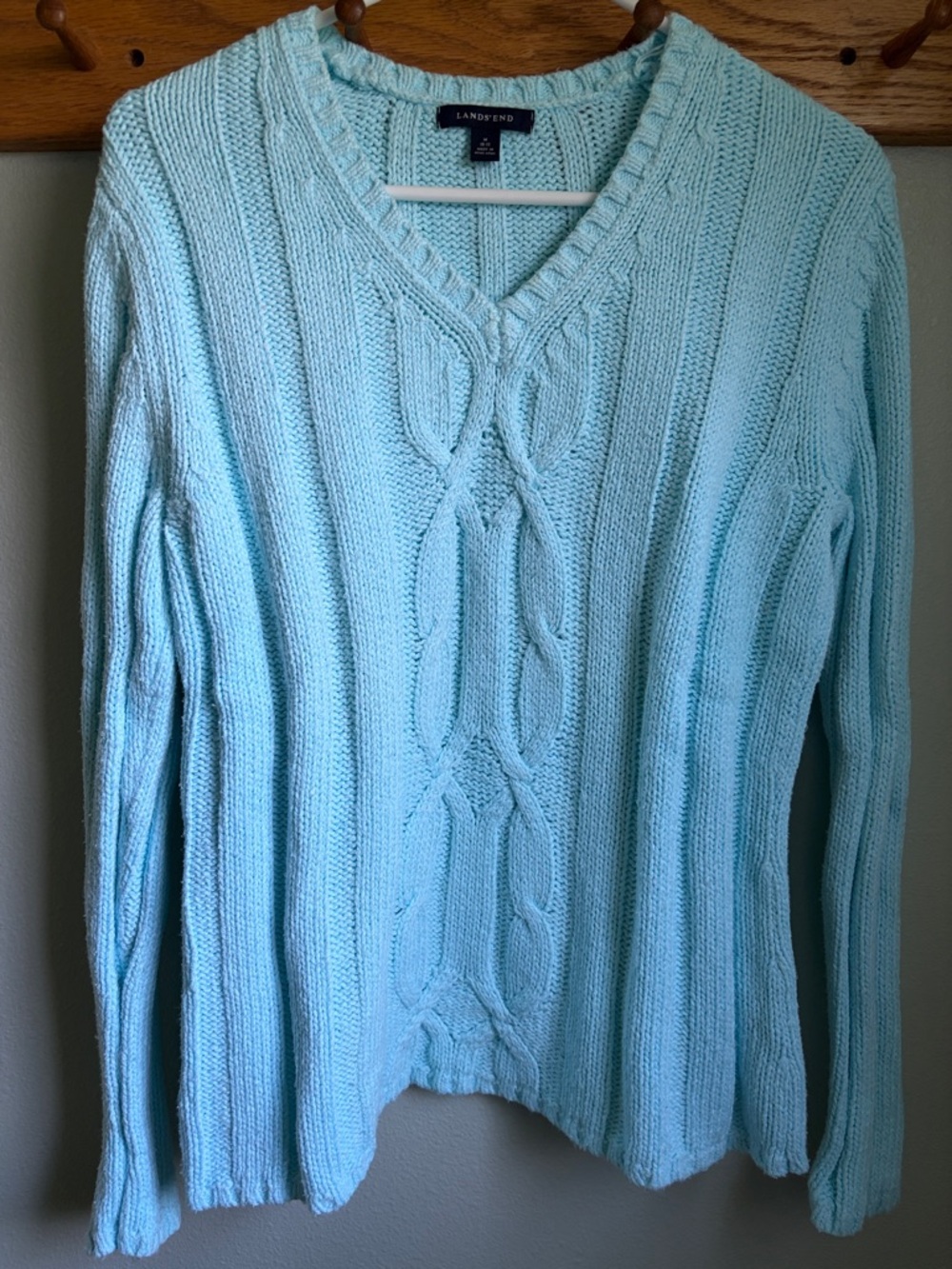 Lands' End Women's Pale Aqua Cable-Knit V-Neck Sweater
